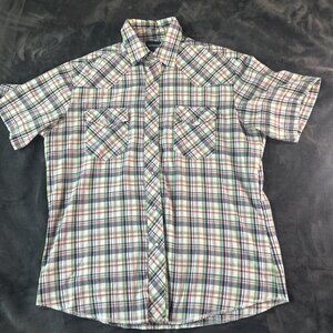 Vintage Wrangler Western Shirt Men Large Pearl Snap Plaid Short Sleeve Cowboy